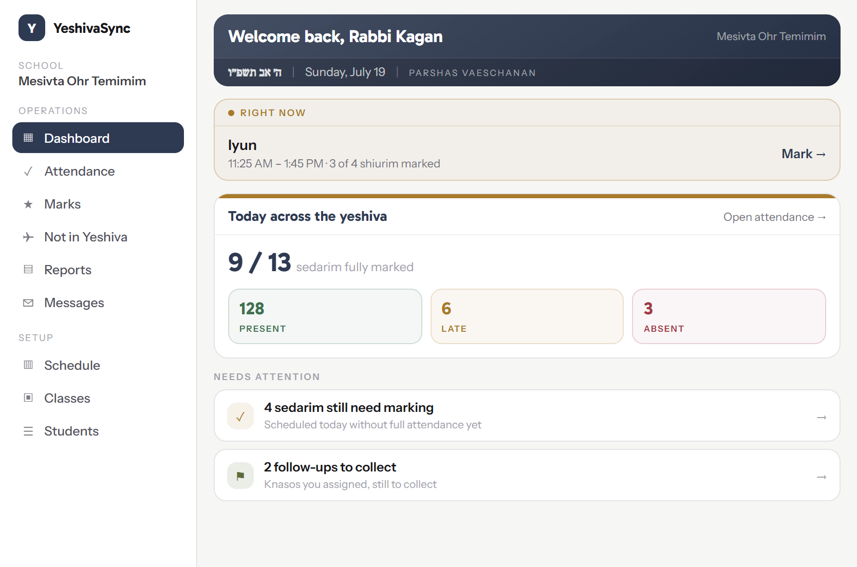 The hanhala dashboard on a tablet — today across the yeshiva